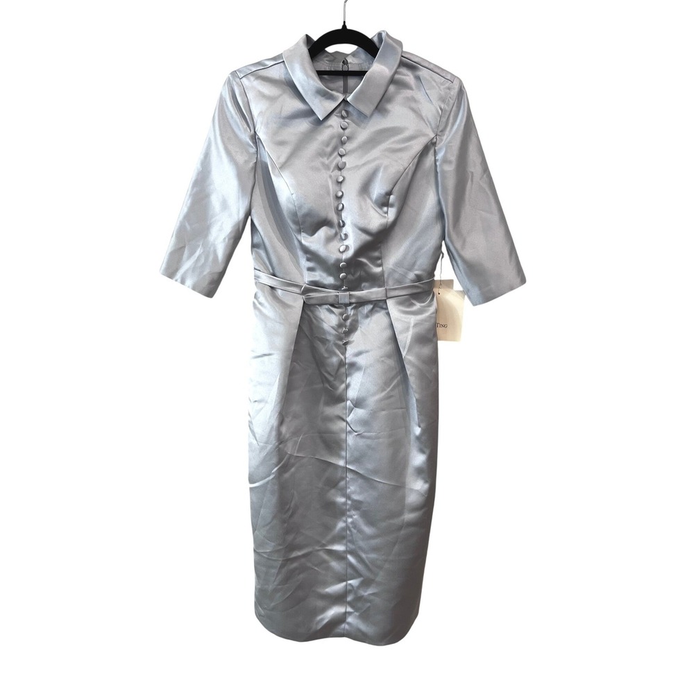 LanTing NWT Silver Satin Sheath Dress 3/4 Sleeve Midi Formal Size XS